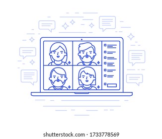 Ilustración vectorial de la pantalla del portátil que representa la reunión de trabajo en línea.
Grupo de personas (equipo) trabajando a distancia y participando en videollamadas. Concepto de tecnología de la comunicación. Trazo editable