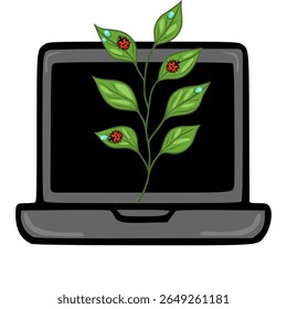 Vector illustration of a laptop screen displaying a stylized green branch with ladybugs and dew drops, creating a nature-inspired technology concept.