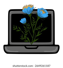 Vector illustration of a laptop screen displaying a stylized bouquet of blue and yellow flowers, a unique design for digital backgrounds or prints.