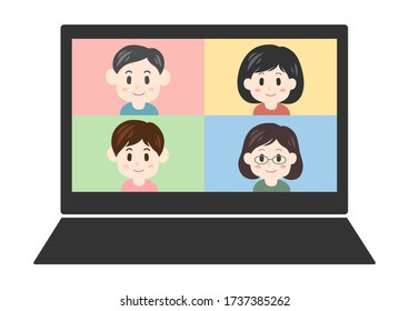 Ilustración vectorial de la pantalla del portátil. En una reunión en línea.