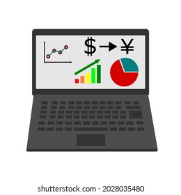 Ilustración vectorial de una laptop con una pantalla que muestra un gráfico o diagrama y símbolos monetarios de dólares y yenes.
