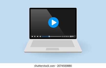 Vector illustration of a laptop screen showing a video player website. Suitable for design element of promotional video marketing, online video tutorial, and web video player user interface mock up.