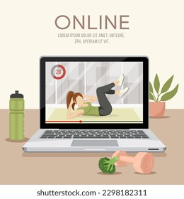Vector illustration of a laptop screen with a video of a girl doing sports. Healthy lifestyle concept banner, online sport, wellness, sport, fitness concept.
