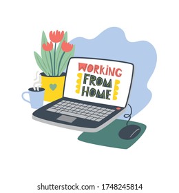 Ilustración vectorial con portátil y el lema Trabajar desde casa. Estilo de caricatura. Diseño plano.