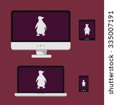 Vector illustration laptop, smartphone, tablet, computer screen with white linux penguin silhouette