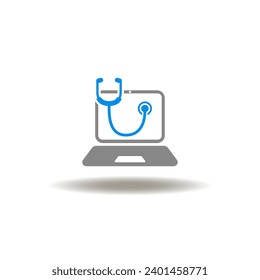 Vector illustration of laptop with stethoscope. Icon of online doctor. Symbol of web medical advice.