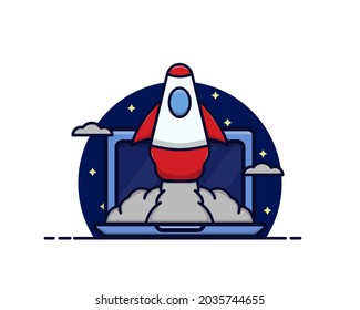 vector illustration of laptop surfing the internet at night. flat design illustration