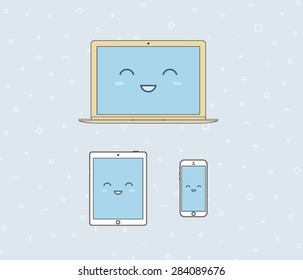 Vector illustration of a laptop, tablet and smartphone with a smiling face in a golden color
