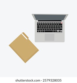 Vector illustration of laptop from top view. Top view of laptop computer, online learning, work from home, remote working and new normal concept. Coffe and document for working