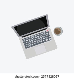 Vector illustration of laptop from top view. Top view of laptop computer, online learning, work from home, remote working and new normal concept. Coffe and document for working