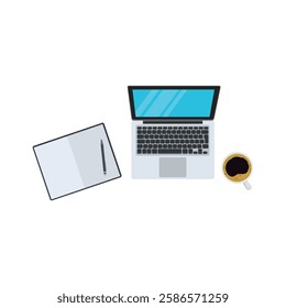 Vector illustration of laptop tp view in cartoon flat style. Flat design top view desktop workspace with laptop, computer, office supplies, and gadgets.