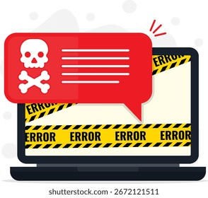 Ilustração vetorial de uma mensagem de erro de aviso do laptop com um alerta vermelho de caveira, simbolizando vírus, malware, falha do sistema, hackers, phishing e ameaças de segurança cibernética.