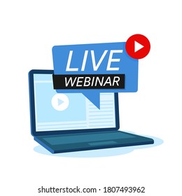 Ilustración vectorial de una laptop con etiqueta de webinar. Adecuado para elementos de diseño de promoción de seminarios en línea, aprendizaje en internet, clases a distancia y acceso a canales de tutoría de video. Vector de webinar