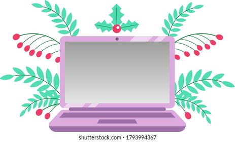 Vector illustration. Laptop and winter flowers. Isolated on a white background. 