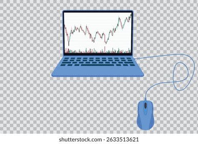 Vector illustration of a laptop with a wired mouse, displaying a financial stock chart on the screen, representing online trading, data analysis and investment monitoring in a modern technology