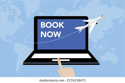 Vector Illustration Of A Laptop With World Map Booking For Plane Ticket