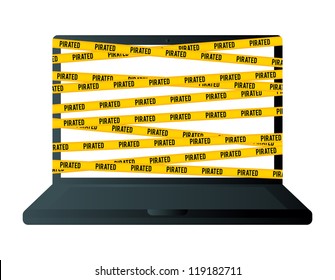 Vector illustration of a laptop wrapped with yellow piracy warning sign.