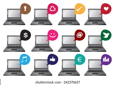 Vector illustration of laptops with different functions in speech balloons. Computer Icon Set.