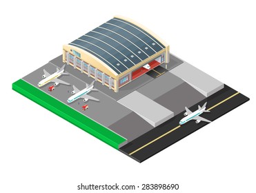 A vector illustration of a large aircraft hanger building.
Isometric airport hanger with plane and mechanics.
Jet passenger planes undergoing maintenance.