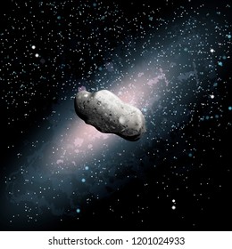 Vector illustration of large asteroid flying in universe, celestial stone on background of Andromeda galaxy with stars or nebula