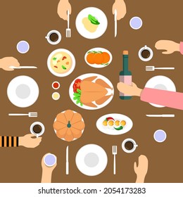 Vector illustration of a large banquet table with drinks and food. Festive holiday dinner. Flat style. Table for Thanksgiving Day.