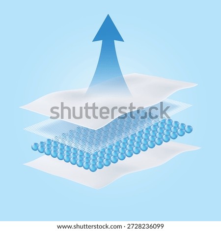 Vector illustration of a large blue arrow pointing upward from an absorbent pad. Symbolizes the direction of heat release, air permeability, and breathable ventilation path for hygiene products
