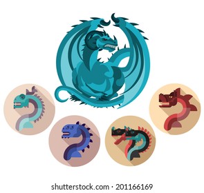 Vector illustration of a large blue dragon and four small dragons. Flat.