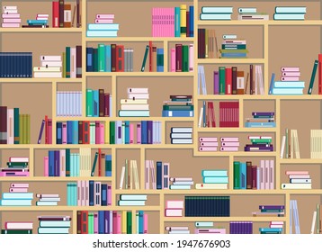 Vector illustration of a large bookcase filled with many colorful books. Books are arranged differently