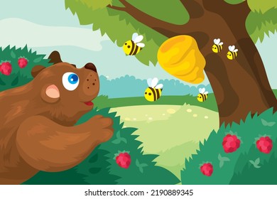 Vector Illustration Of Large Brown Bear Is Hiding Behind Bush Near The Bees