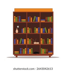 Vector illustration of a large brown bookshelf filled with books, a vintage radio with antennas, a daisy in a vase, and a sleeping black cat on the bottom shelf; ideal for library, home.
