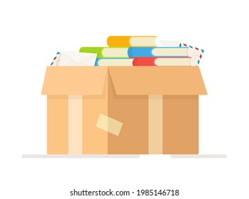 Vector illustration of a large cardboard box of books. Handing in the books at the end of the school year.