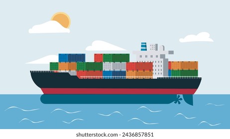 A vector illustration of a large cargo ship loaded with multicolored shipping containers sailing across the ocean. Cargo Ship Laden with Containers - Maritime Transportation of Goods.