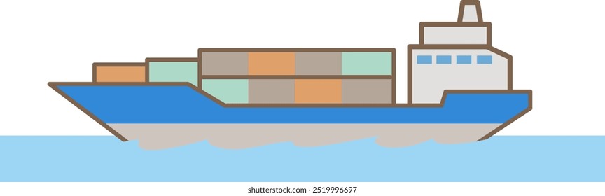 Vector illustration of a large cargo ship loaded with shipping containers sailing through the ocean