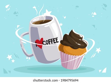 Vector illustration of a large coffee mug with chocolate icing cupcake