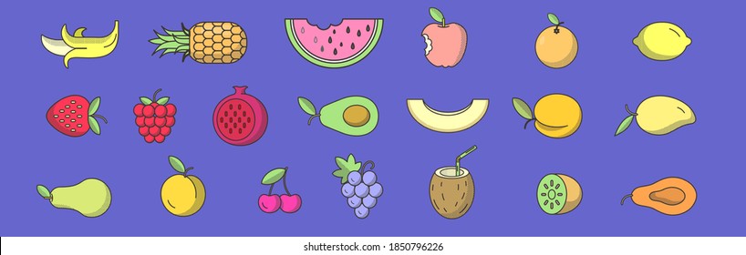 Vector illustration. Large collection of fruit in Doodle style. Exotic fruits and berries.