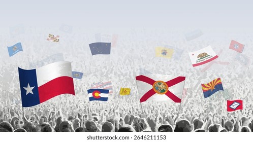 Vector illustration of a large crowd waving flags from various U.S. states, including Texas, Florida, Colorado, Arizona, California, Arkansas, and more. 