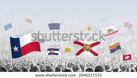 Vector illustration of a large crowd waving flags from various U.S. states, including Texas, Florida, Colorado, Arizona, California, Arkansas, and more. 
