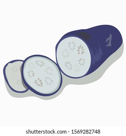 Vector illustration of a large  cut into pieces purple farm natural eggplant. For salads, side dishes, stews in the menu of restaurants of home cooking cuisine in vegetable shops. white background
