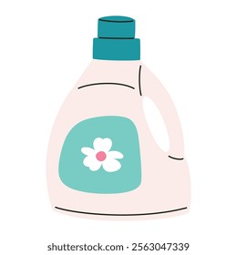 Vector illustration of large detergent bottle with floral label. Flat cartoon style doodle, bright colors, perfect for laundry, fabric softener, hygiene, and household themes, isolated colored clipart