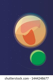 Vector illustration A large dry desert planet with a small green satellite against a starry dark blue sky and 
comet stripe