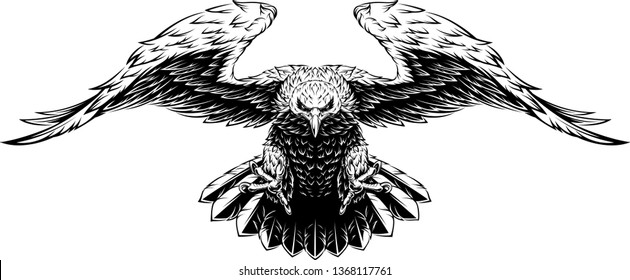 Vector illustration, a large eagle opened its wings in flight, black kotur on a white background