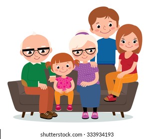 Vector illustration of a large family of grandparents, parents and a child sitting on a sofa isolated on white background/Large family group  sitting on a sofa isolated on white/Vector illustration