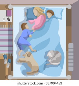 Vector illustration of large family sleep together in flat style