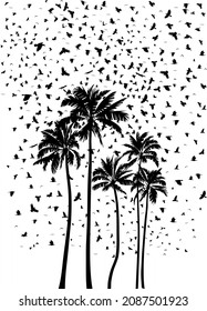 vector illustration of a large flock of birds and a group of palm trees