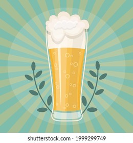 Vector illustration with a large glass of beer. Vintage beer poster, glass with lush foam and bubbles. Pop Art Alcoholic drink in the pub. Realistic pop art illustration with decorative green branches