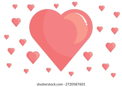 Ilustración vectorial de un Grande corazón de color rosa brillante rodeado de muchos corazones de color rosa Pequeño aislado sobre fondo blanco. Concepto romántico para el día de San Valentín o diseño de la boda.