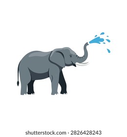 Vector illustration of a large gray elephant spraying water from its trunk isolated on white background