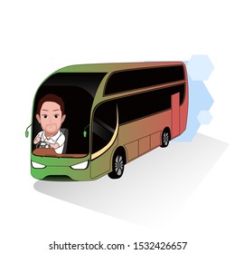 

vector illustration of a large green bus with its driver in detail and semi-realistic. Looks in perspective. With a white background, isolated.