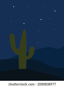 Vector Illustration Of A Large Green Cactus Desert Night Landscape Stars In The Sky Of Mexico Texas Arizona