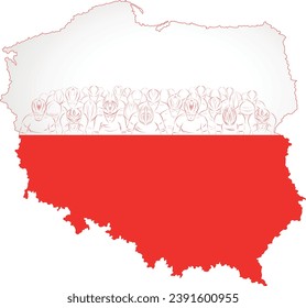 Vector illustration of a large group of cyclists viewed from above and behind, positioned inside the outline map of Poland with the national red and white flag. A symbolic artwork of unity, sport